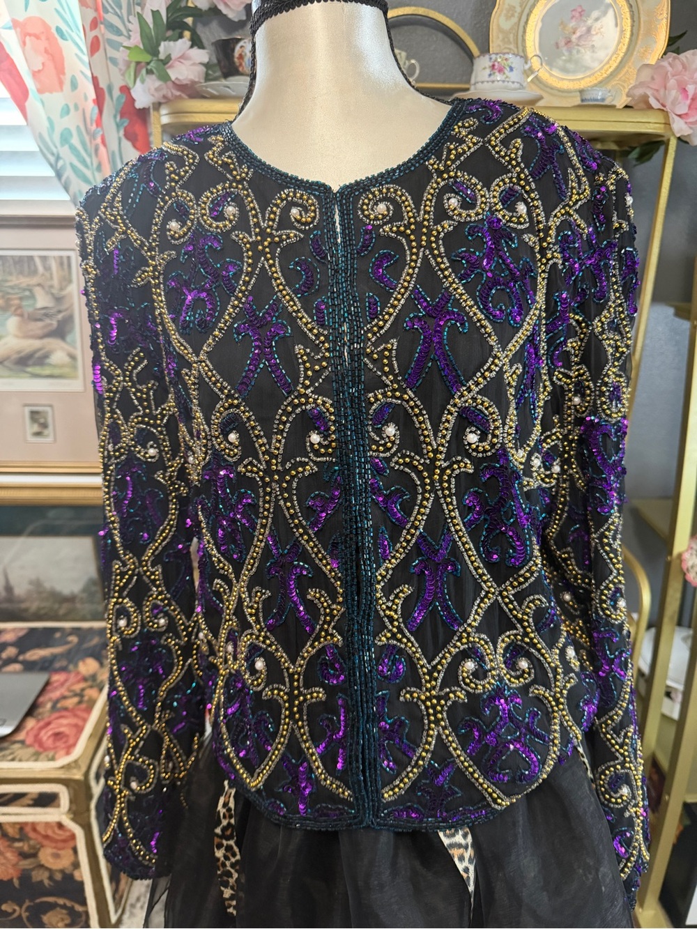 Vintage 80s Laurence Kazar Black Evening dress Jacket faux pearls gold & purple